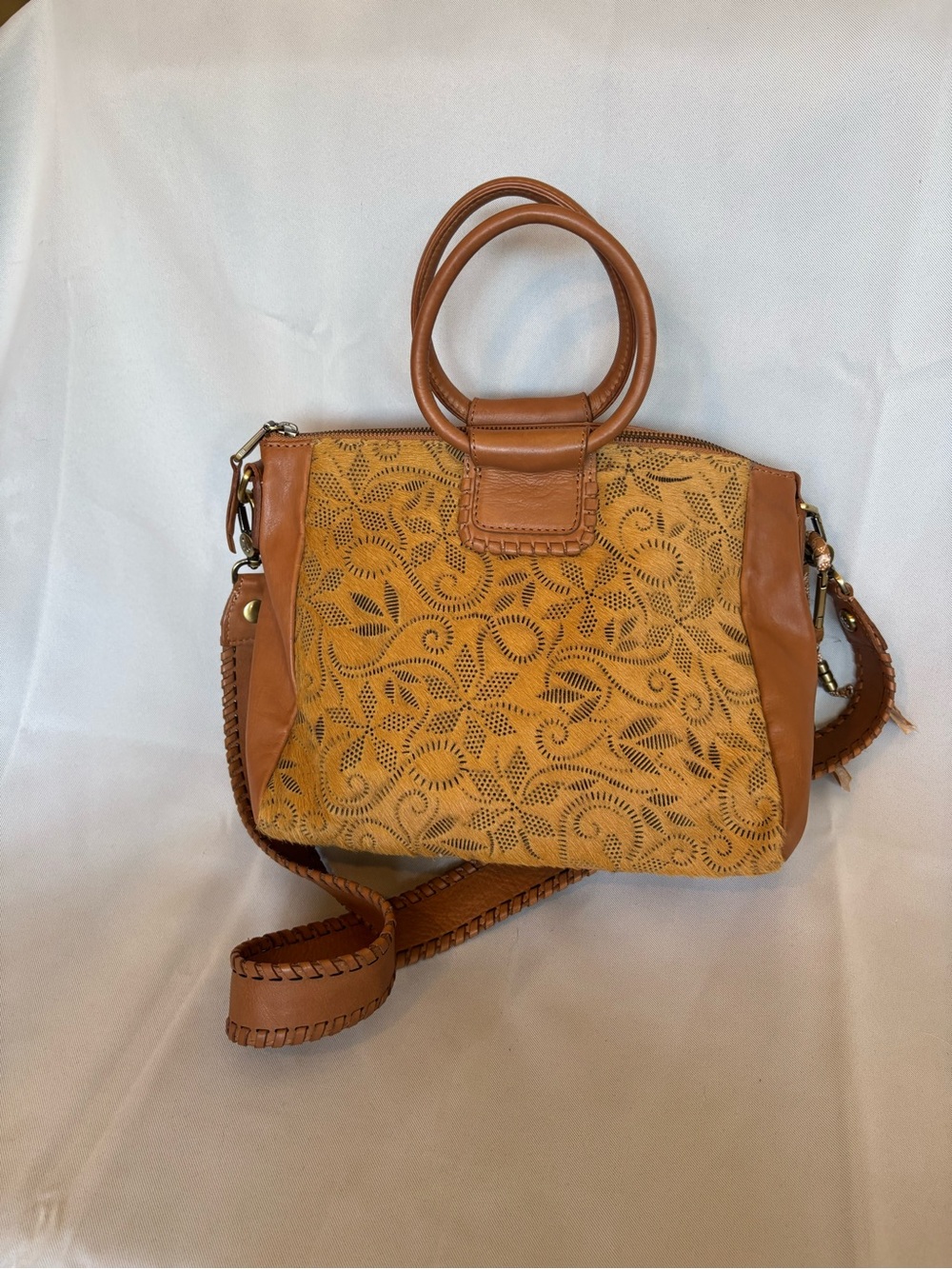 Hobo Leather-Trim Mustard Yellow Tote Bag with Cutwork Detail